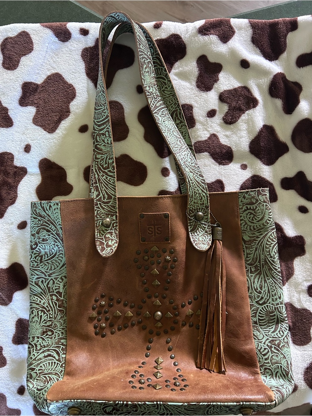 STS Ranchwear Brown & Mint Tooled Leather Studded Tote